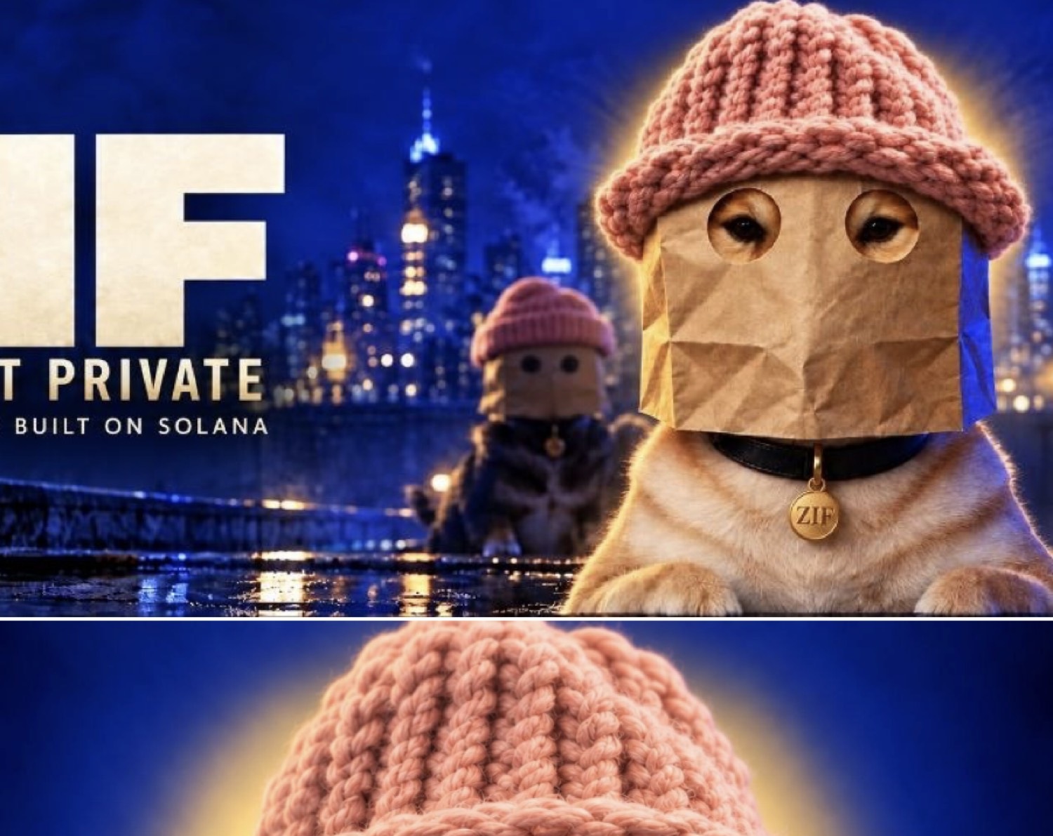ZIF — WIF went private. Official mascot, knit pink hat, kraft bag, gold ZIF tag. Built on Solana.